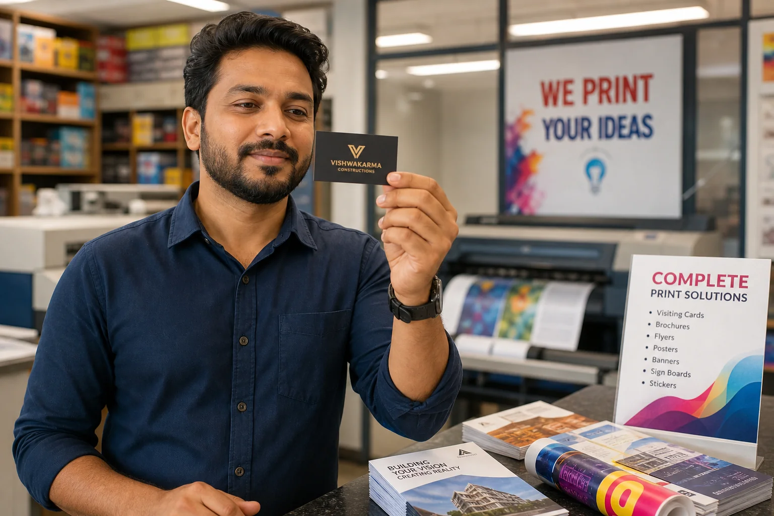 Small business owner in Ahmedabad examining a premium gold foil visiting card at a local print shop counter