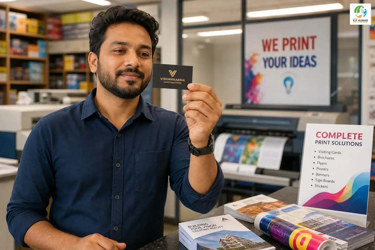 Small business owner in Ahmedabad examining a premium gold foil visiting card at a local print shop counter