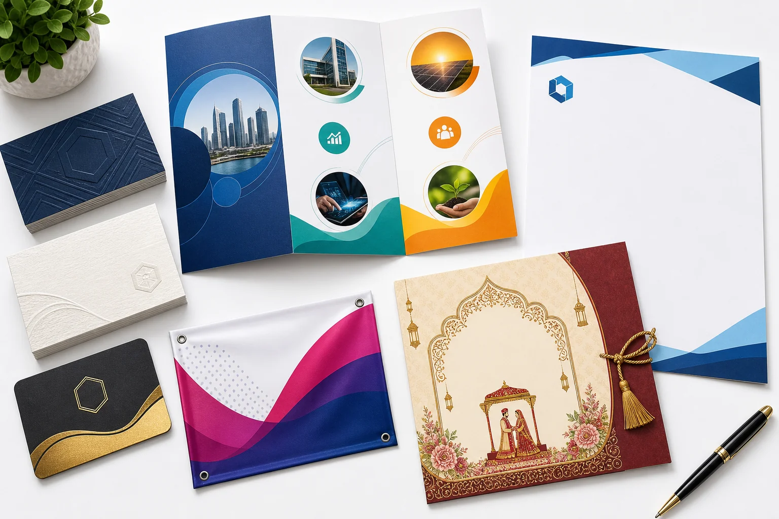 Flat lay of premium printed materials including visiting cards, brochures, flex banner sample, and Indian wedding invitation cards