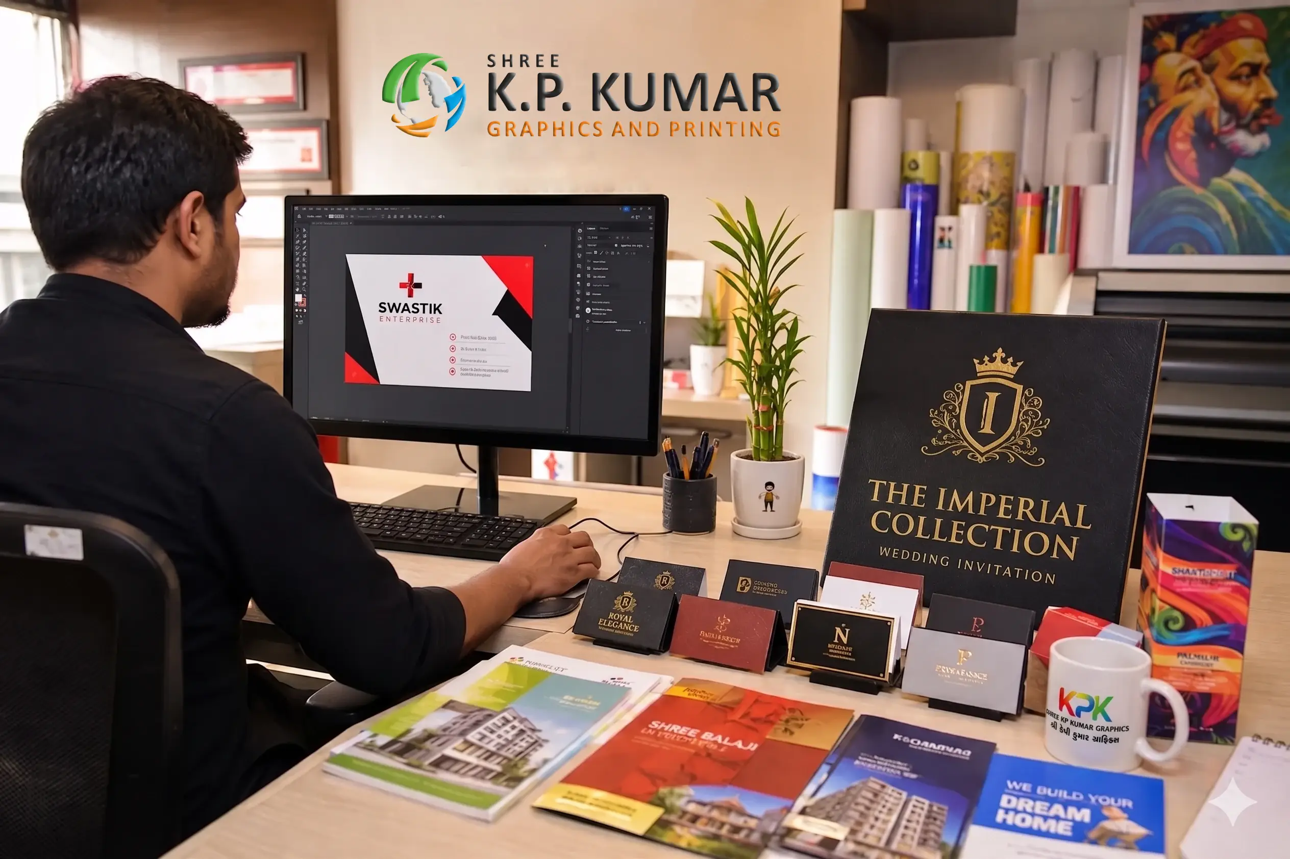 Local print shop in Ahmedabad with a graphic designer working on visiting card designs surrounded by printed samples