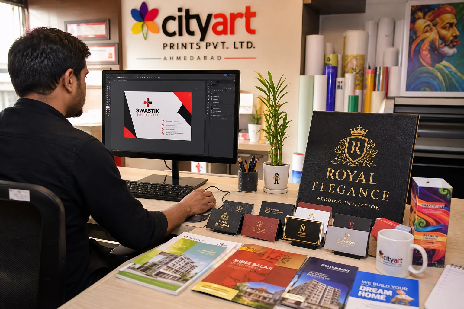 Local print shop in Ahmedabad with a graphic designer working on visiting card designs surrounded by printed samples