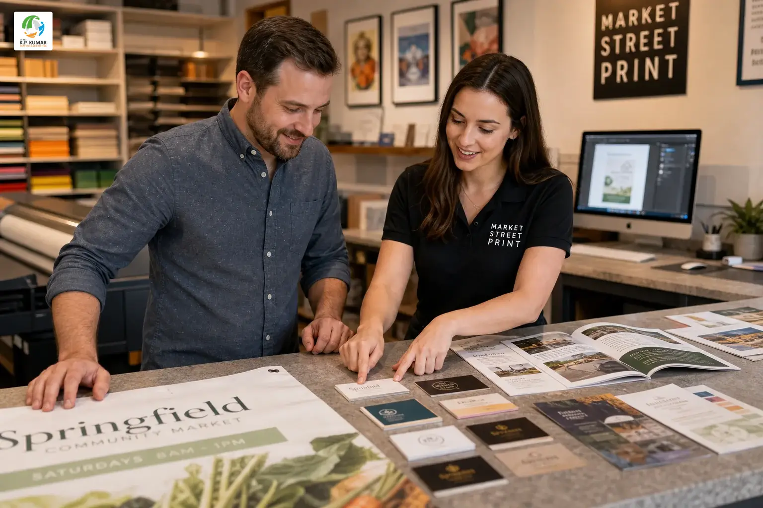 Customer consulting with a print shop designer in Ahmedabad reviewing printed samples and discussing printing cost options