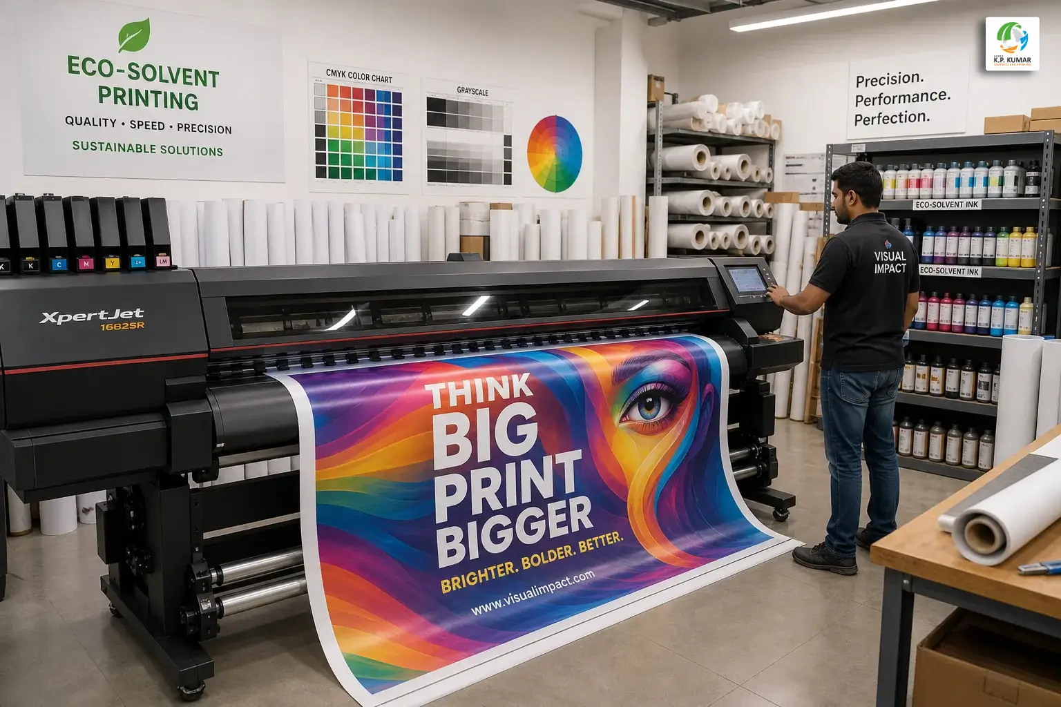 Large format printing machine in a print shop producing a flex banner showing the technology behind printing cost