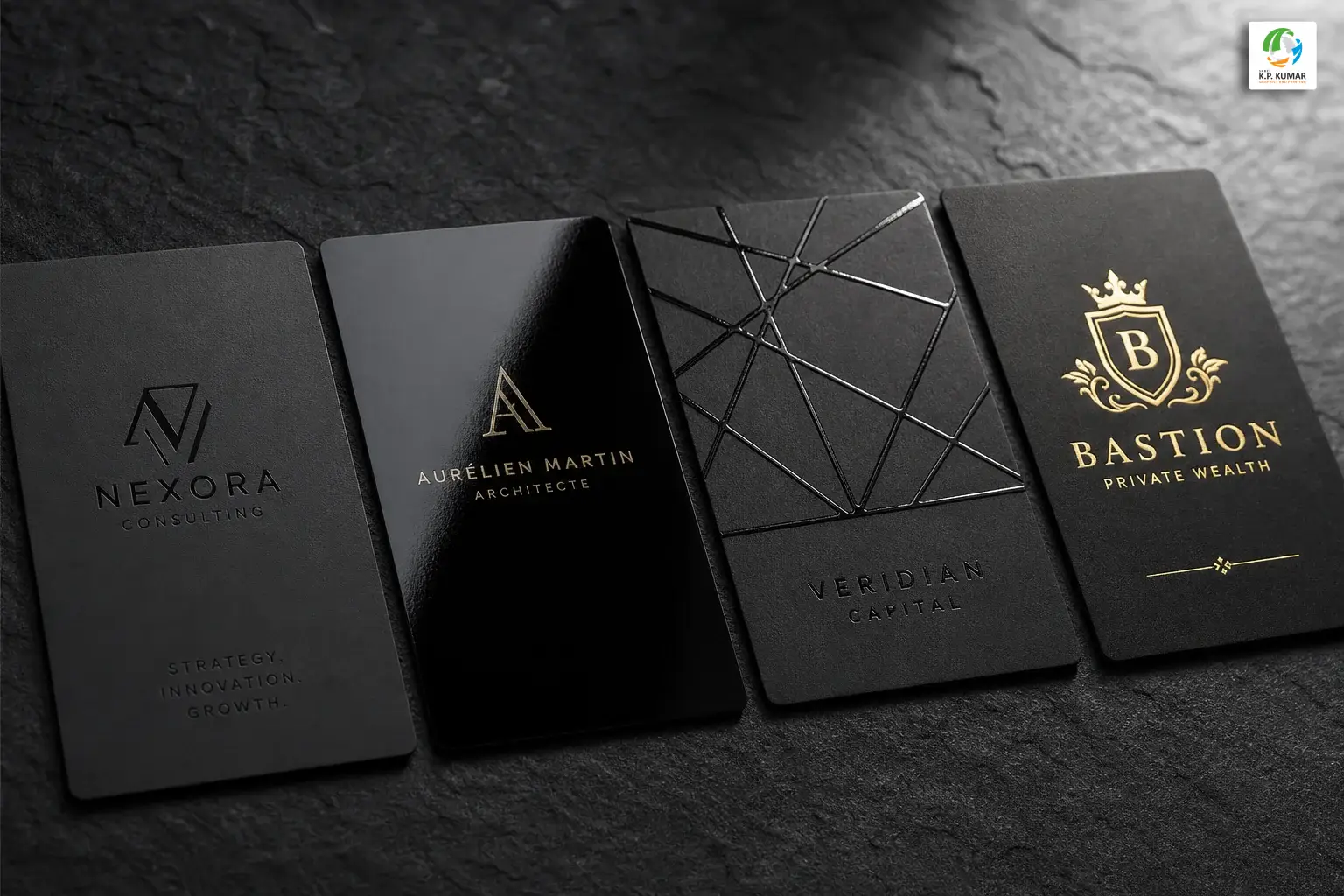 Premium business cards showing different printing cost finishes including matte gloss spot UV and gold foil