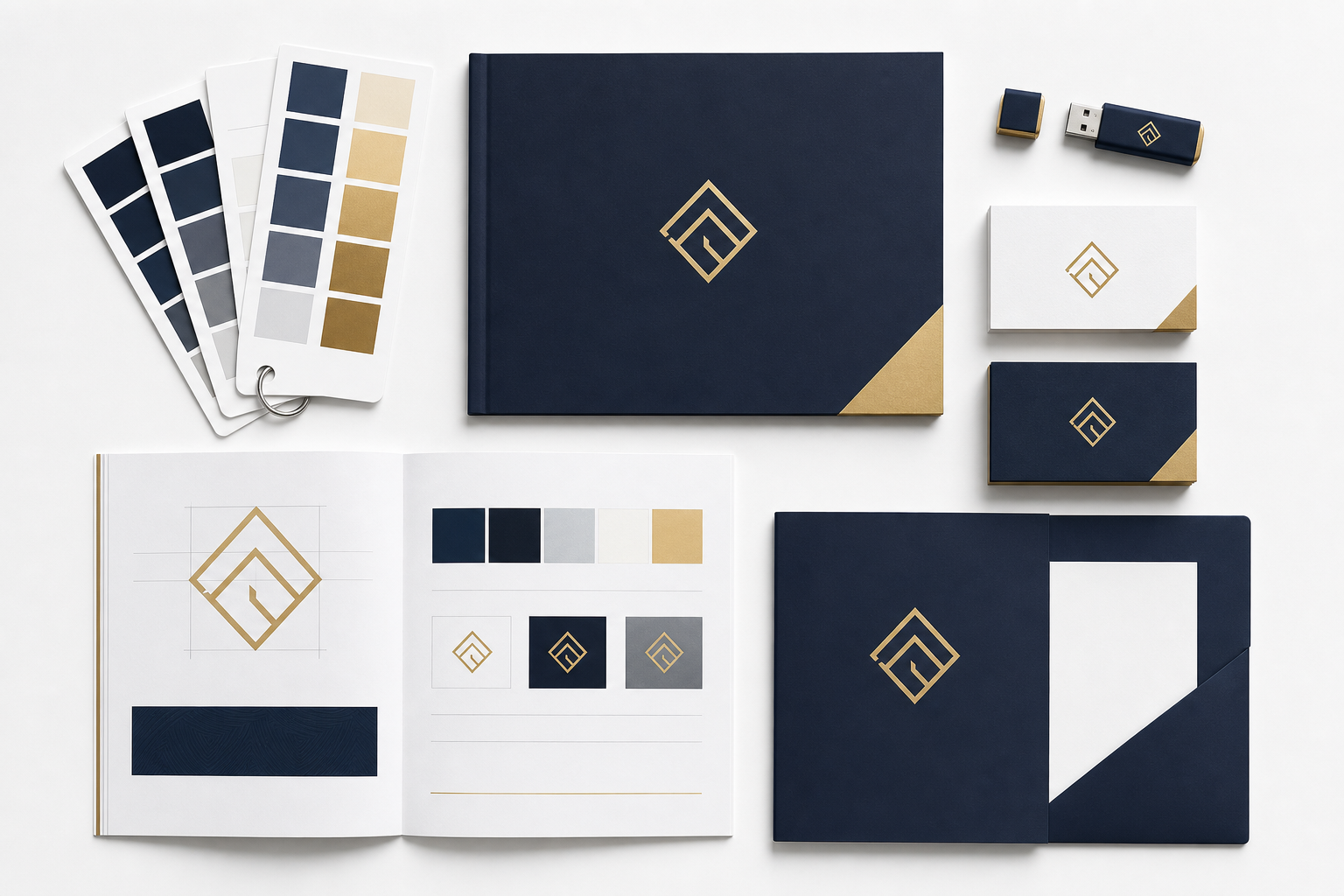 Professional logo design cost package with brand files, color swatches, and business card mockups