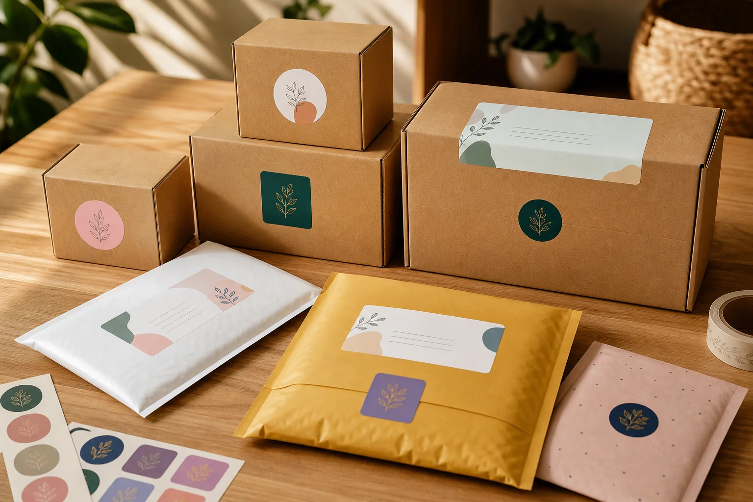 Product packaging boxes and courier envelopes with branded stickers applied, showing small business packaging setup
