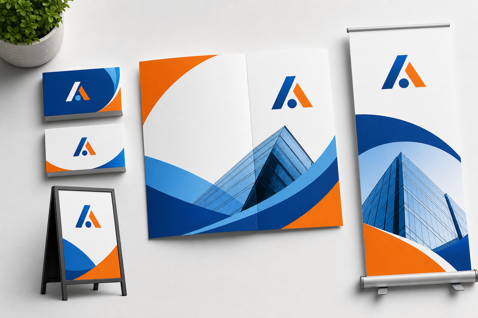 Complete brand identity set showing logo design cost applied across visiting cards, signboard, and banner in Ahmedabad