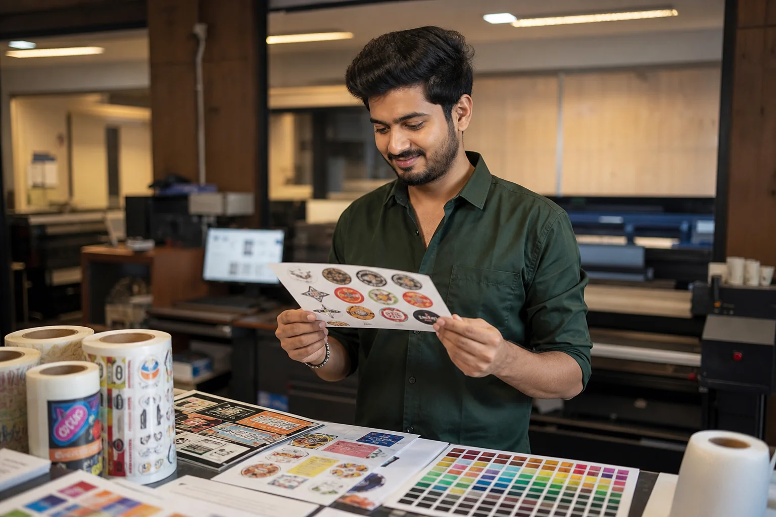 A business owner examining printed sticker samples at a local print shop counter in Ahmedabad