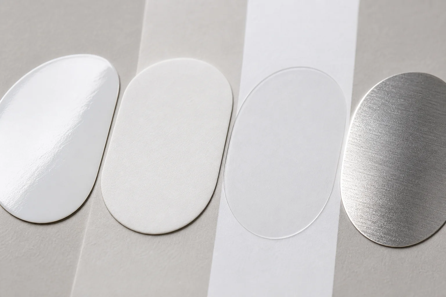 Close-up comparison of different sticker material finishes including glossy, matte, transparent, and metallic vinyl