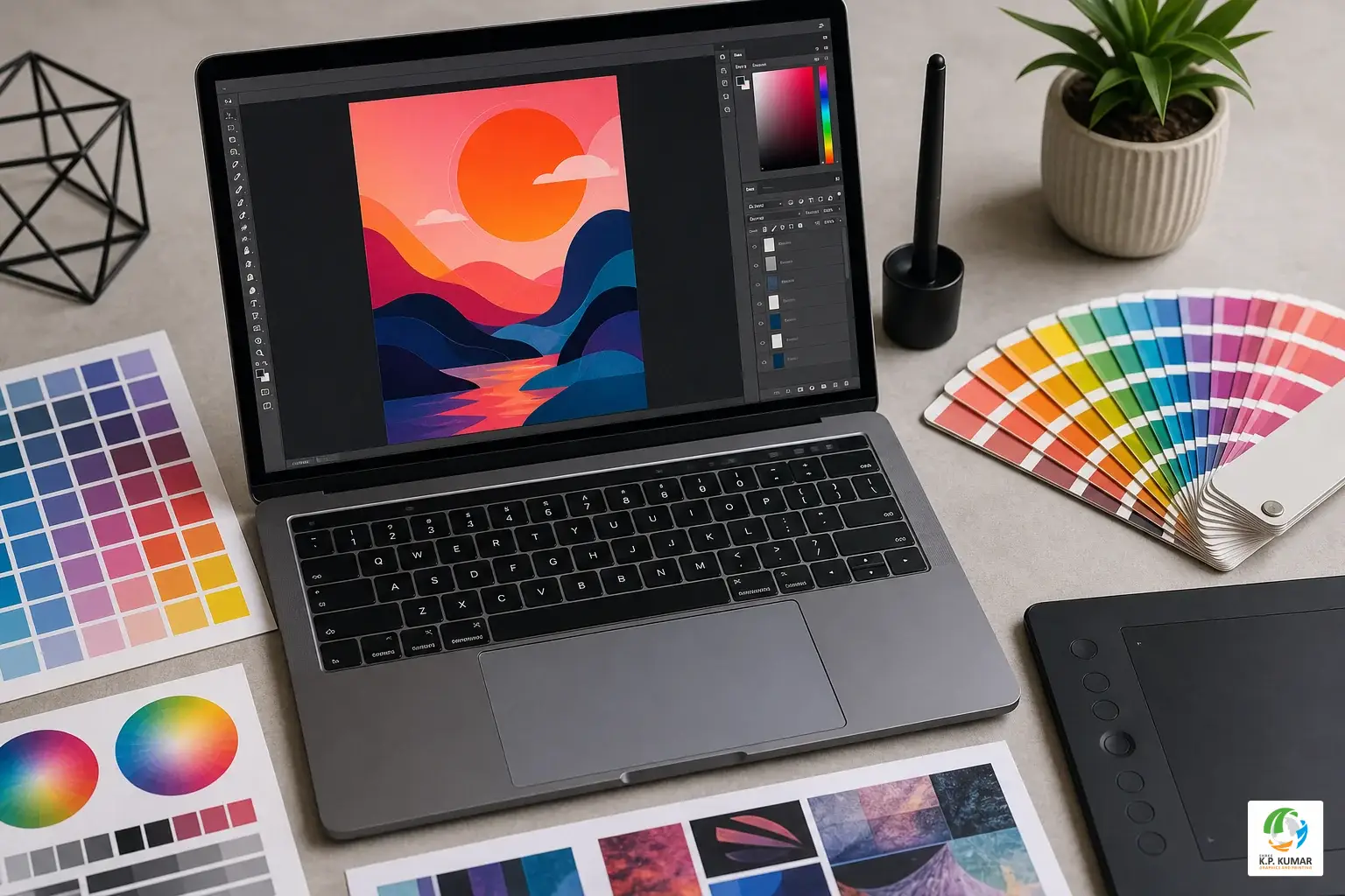 Graphic designer's desk with laptop showing poster design software, color swatches, and printed test sheets