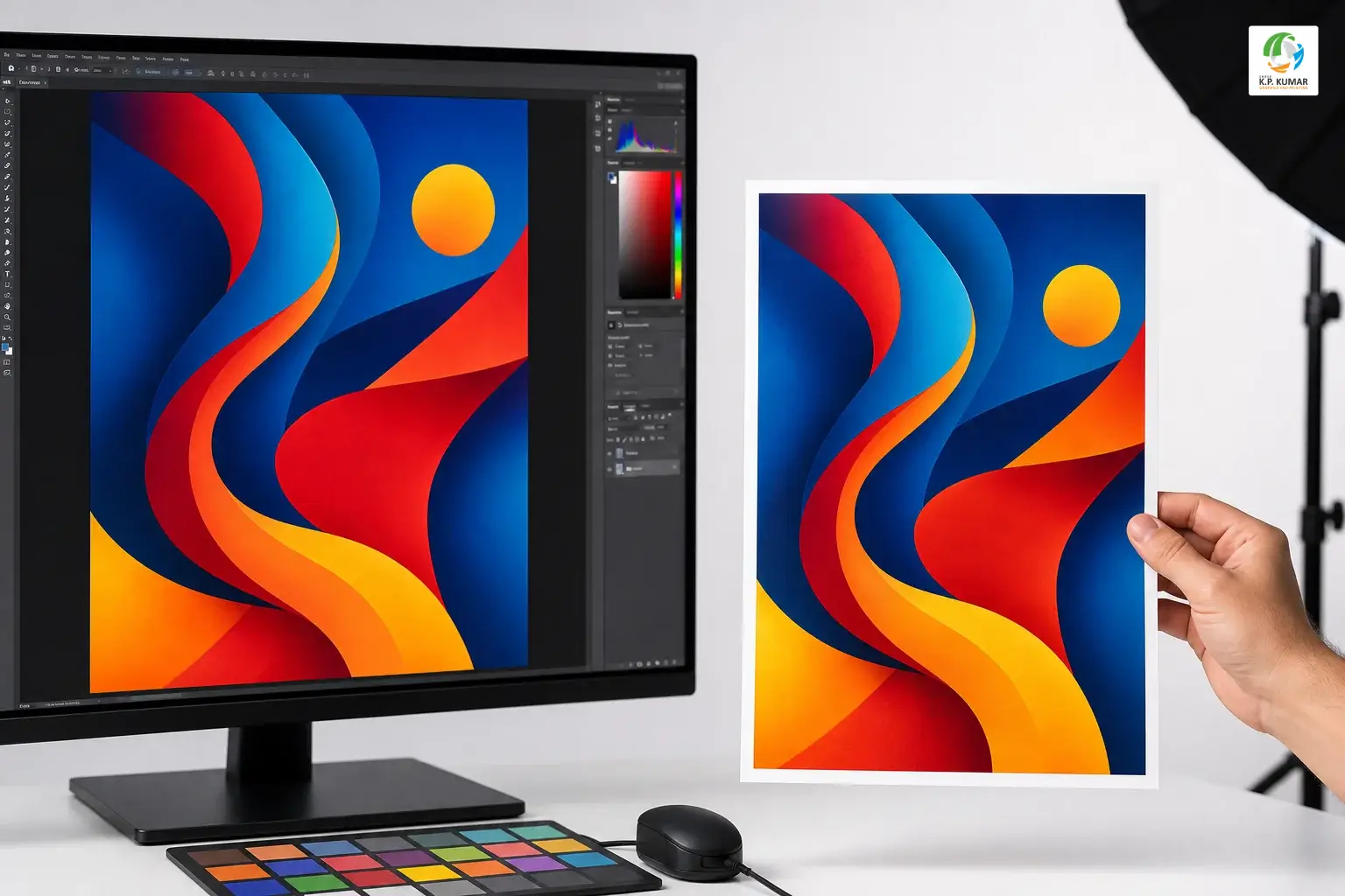 Computer monitor displaying a colorful poster design next to the same design printed on glossy paper for color comparison