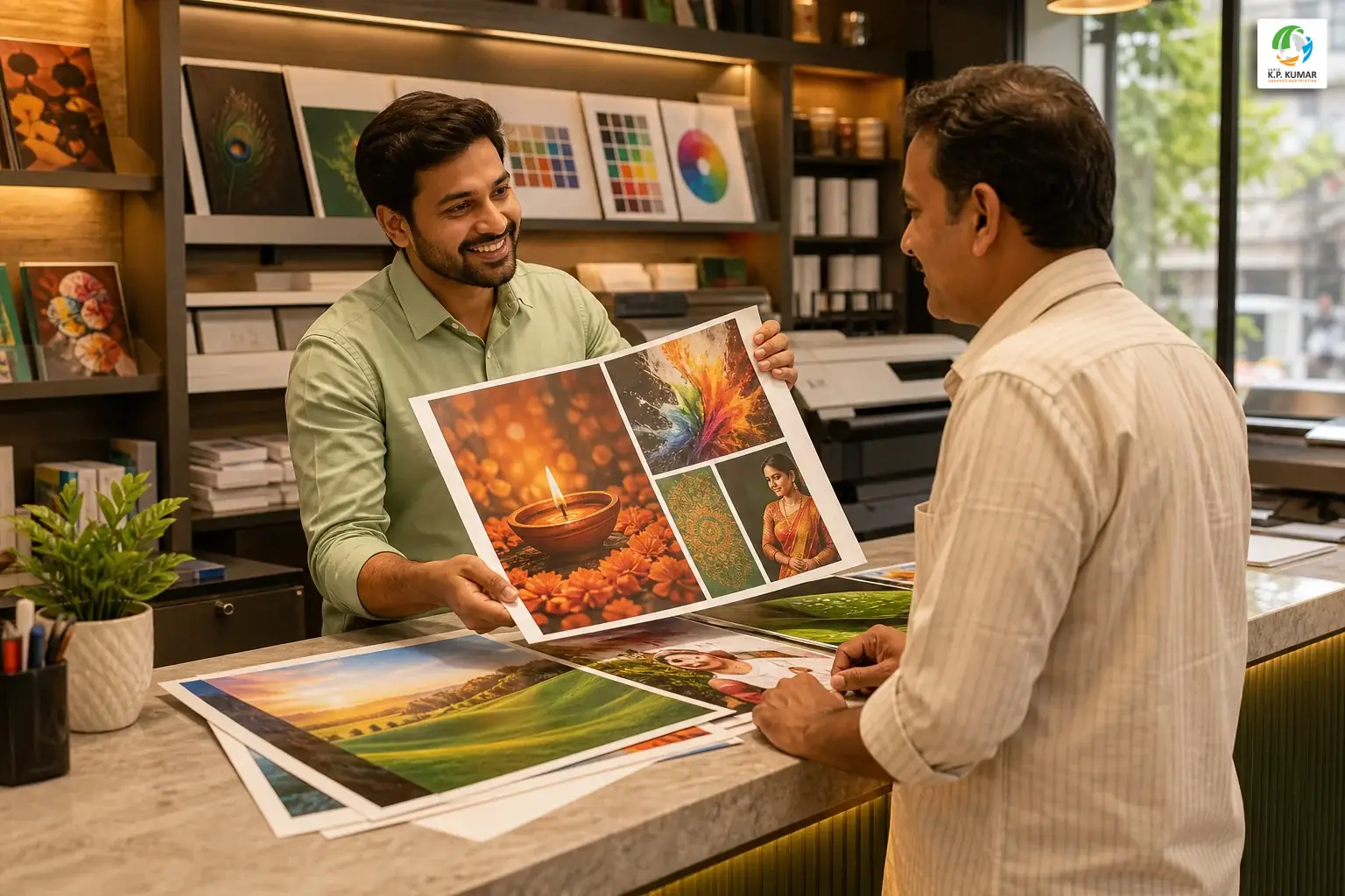 Friendly local print shop professional showing printed poster samples to a small business owner customer at a counter in Ahmedabad