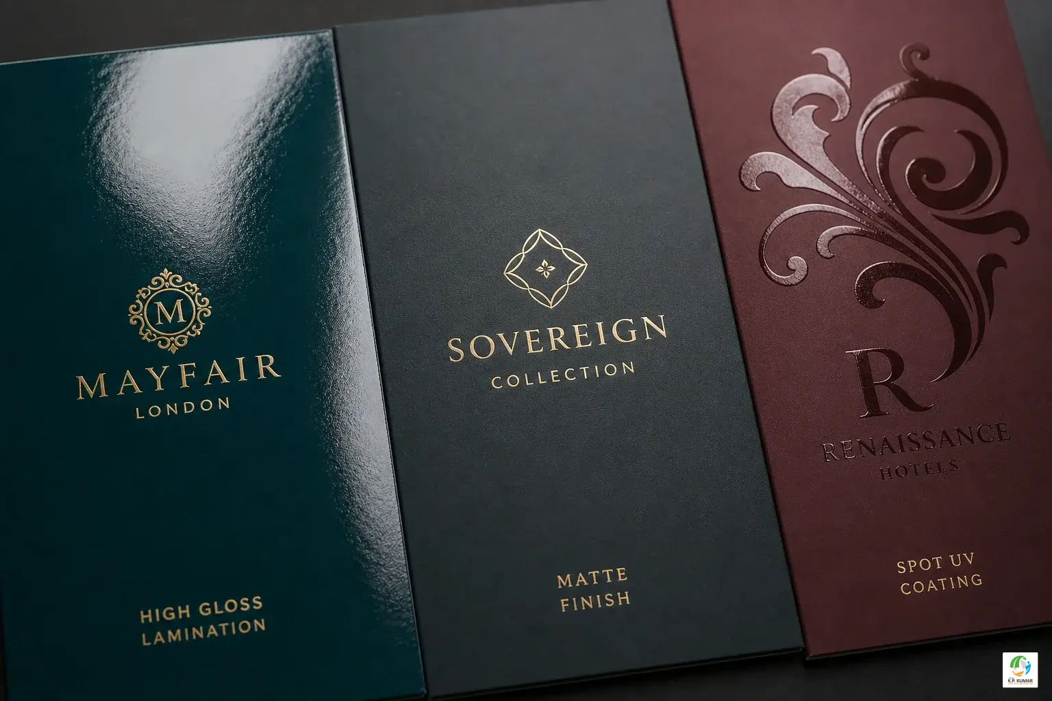 Close-up of brochure surface finishes showing gloss lamination, matte lamination, and spot UV coating