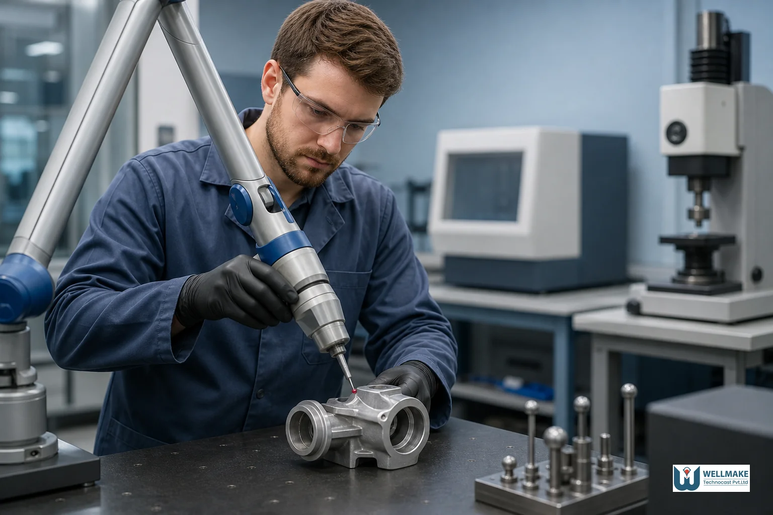 Quality control technician using a coordinate measuring arm to inspect a precision cast metal component