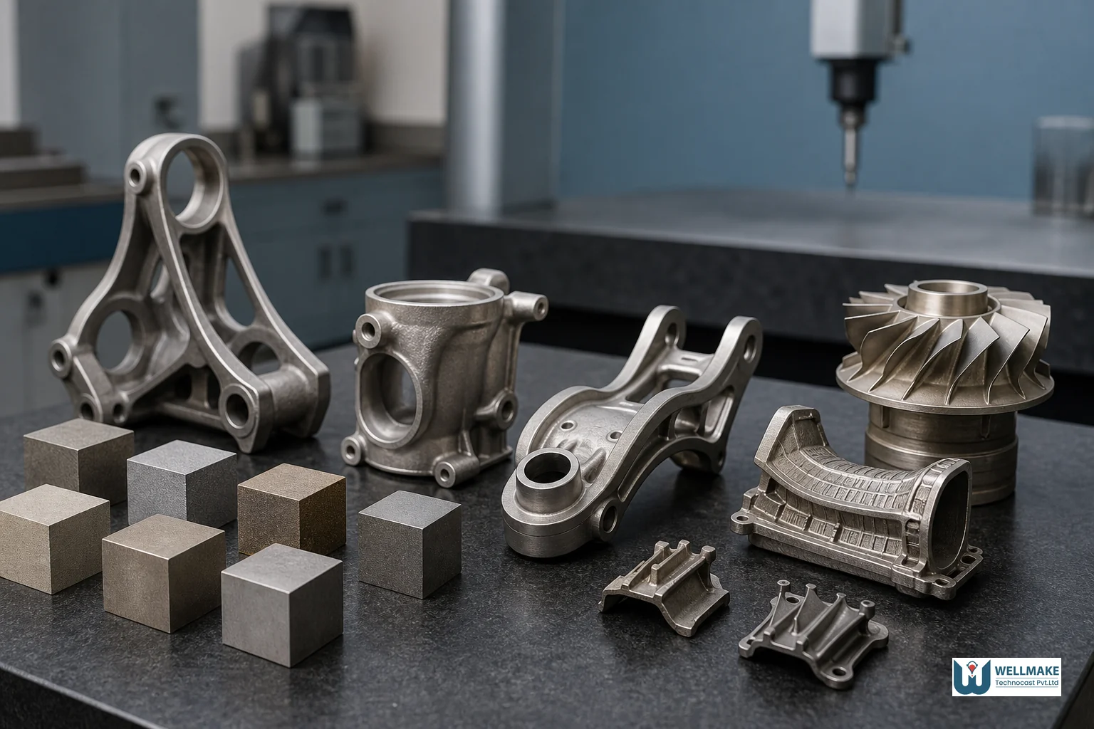 Assortment of stainless steel and nickel alloy investment cast component samples on a foundry table