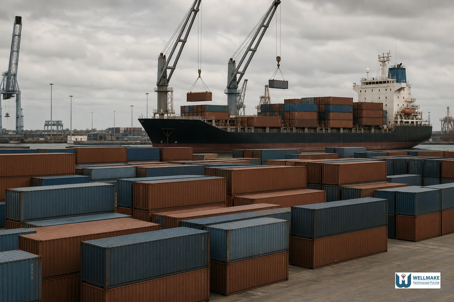 Shipping containers and cargo ship at an industrial port representing international export logistics for cast aerospace parts