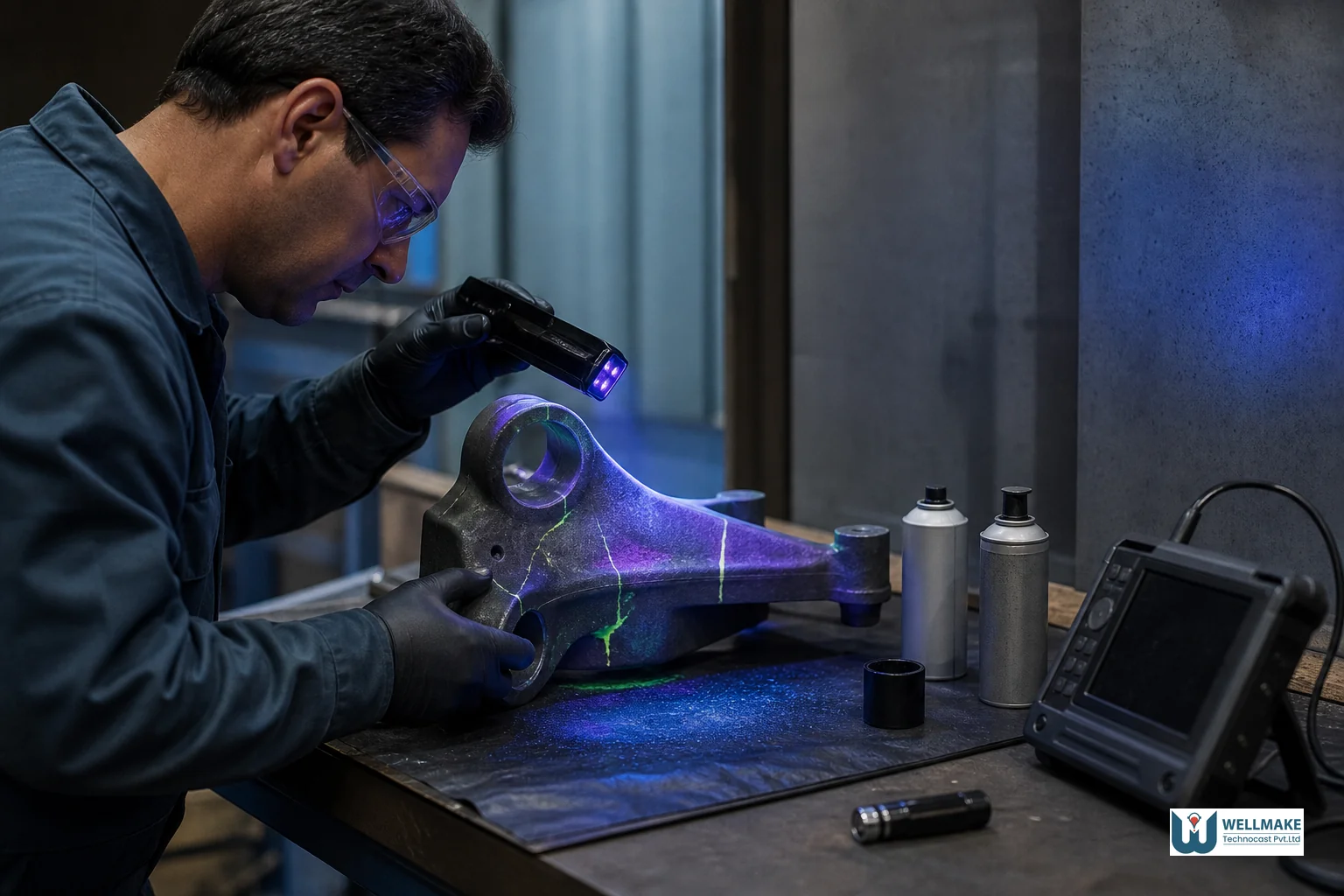 Technician performing dye penetrant or radiographic non-destructive testing on a cast metal component. photorealistic photo of a foundry technician performing non-destructive testing on a precision cast metal component, using dye penetrant