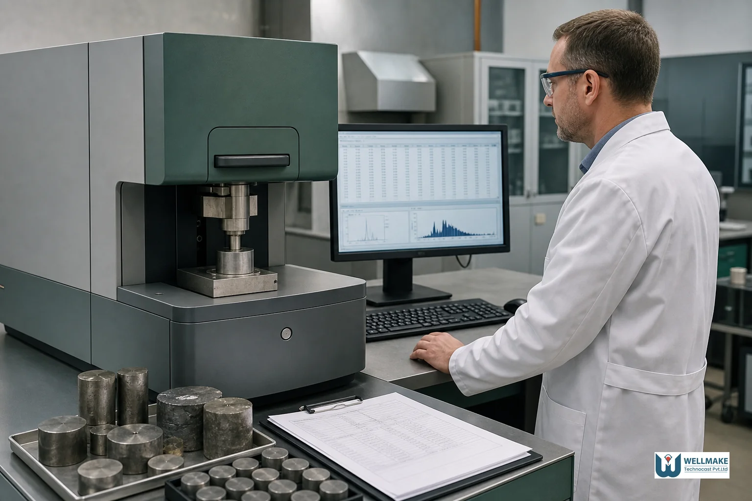 Close-up of a spectrometer analyzing metal alloy composition in a foundry quality control lab. photorealistic photo of a spectrometer machine performing chemical composition analysis on a metal alloy sample in a foundry quality control