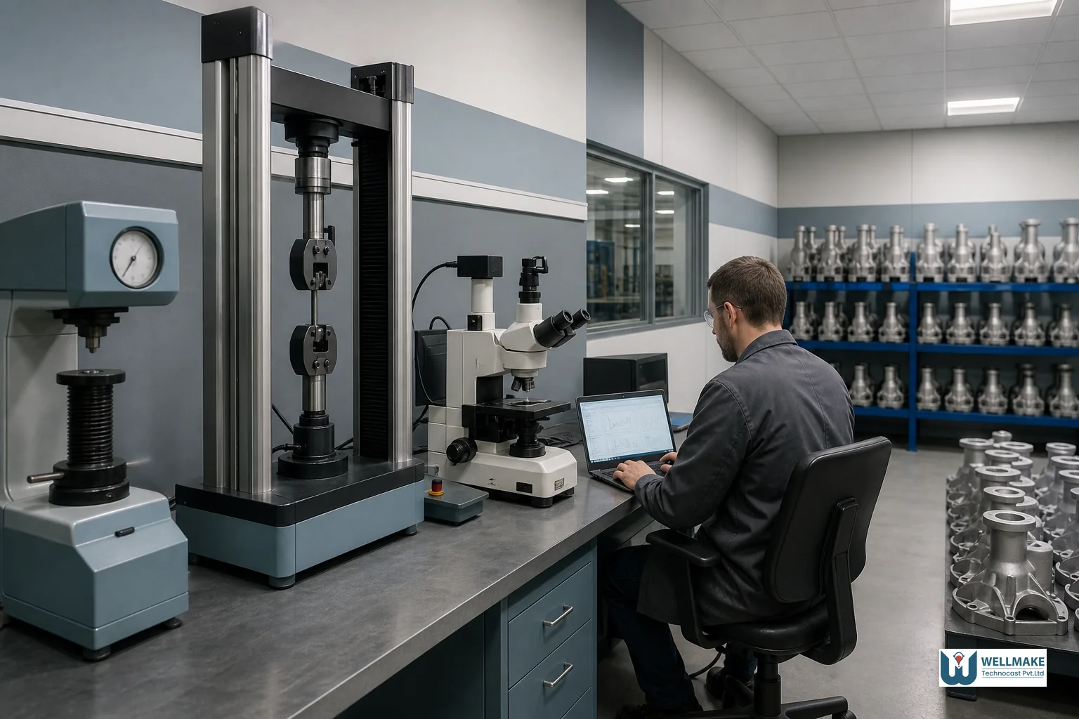 Wide shot of a foundry quality control lab showing multiple testing instruments including hardness tester and universal testing machine. photorealistic photo of a well-organized foundry quality control laboratory showing a hardness tester