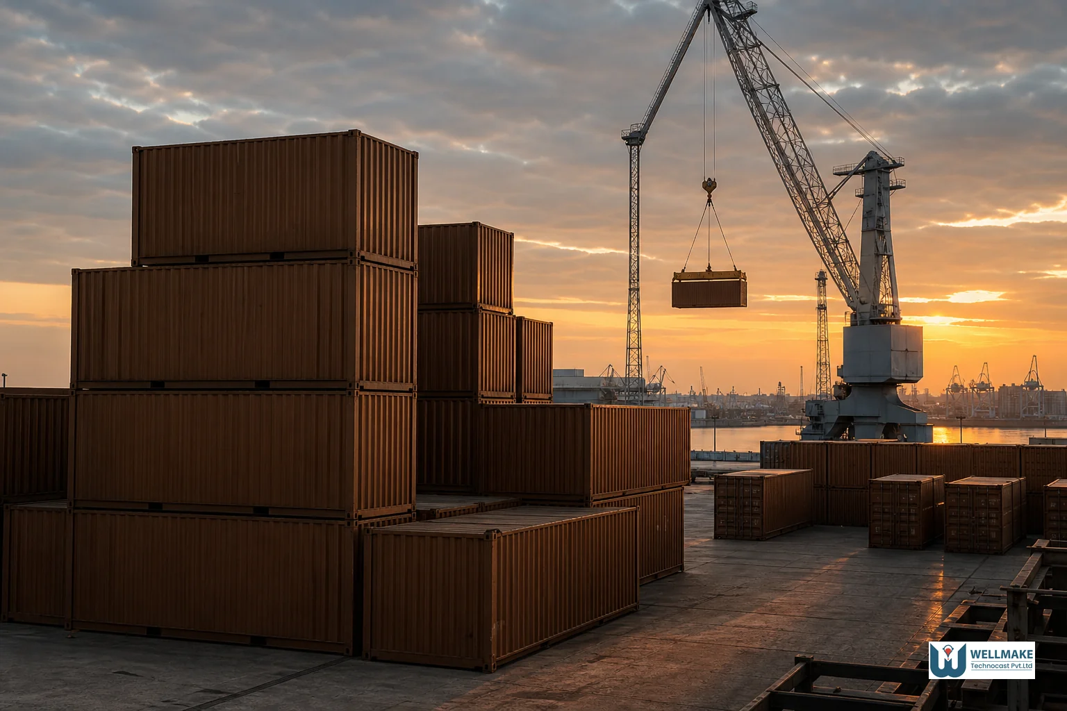Shipping containers and cargo at a port representing export logistics from India to France, symbolizing landed cost and freight considerations. Photorealistic photograph of stacked shipping containers at an industrial port during golden