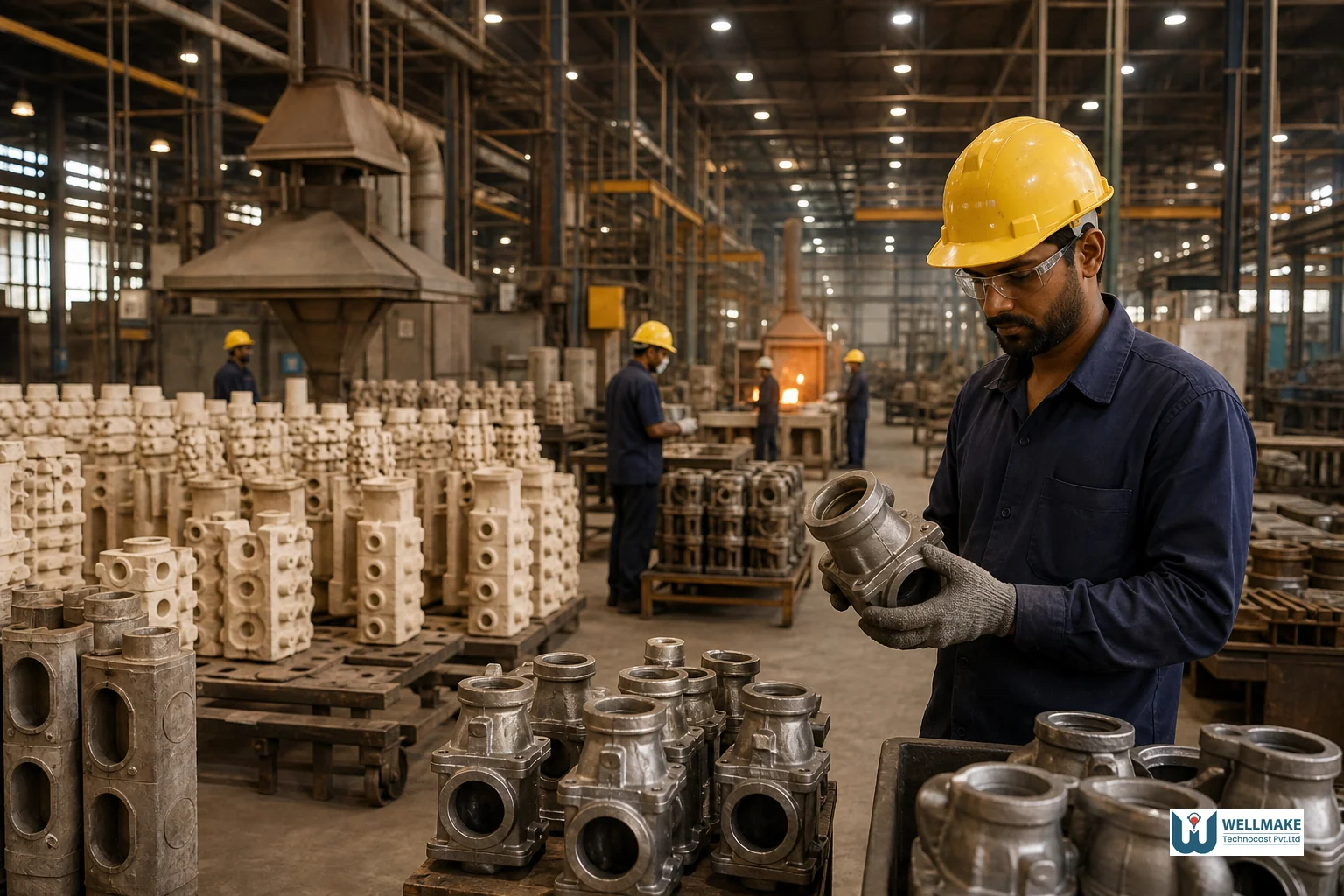 Split visual contrast showing a modern Indian precision investment casting foundry floor with ceramic shell molds versus a smaller-scale European industrial workshop, emphasizing cost and scale differences. Photorealistic wide-angle