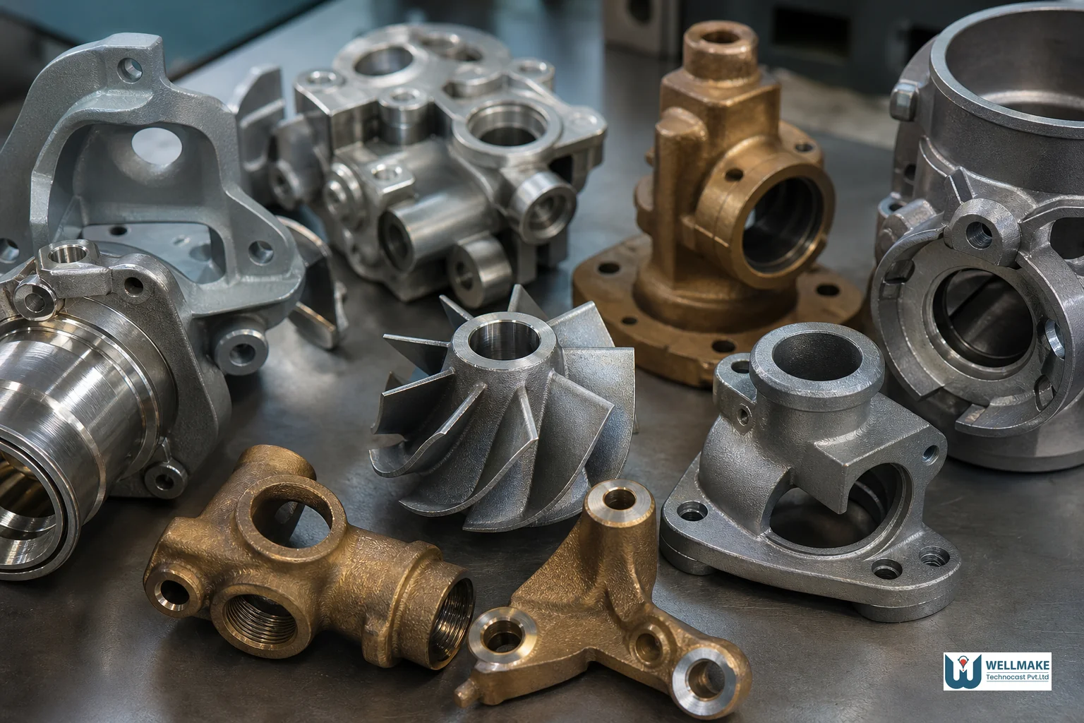 Close-up image of varied precision investment cast metal components in different alloys and complex shapes. Photorealistic close-up photo of an assortment of precision investment cast metal components in stainless steel, carbon steel, and