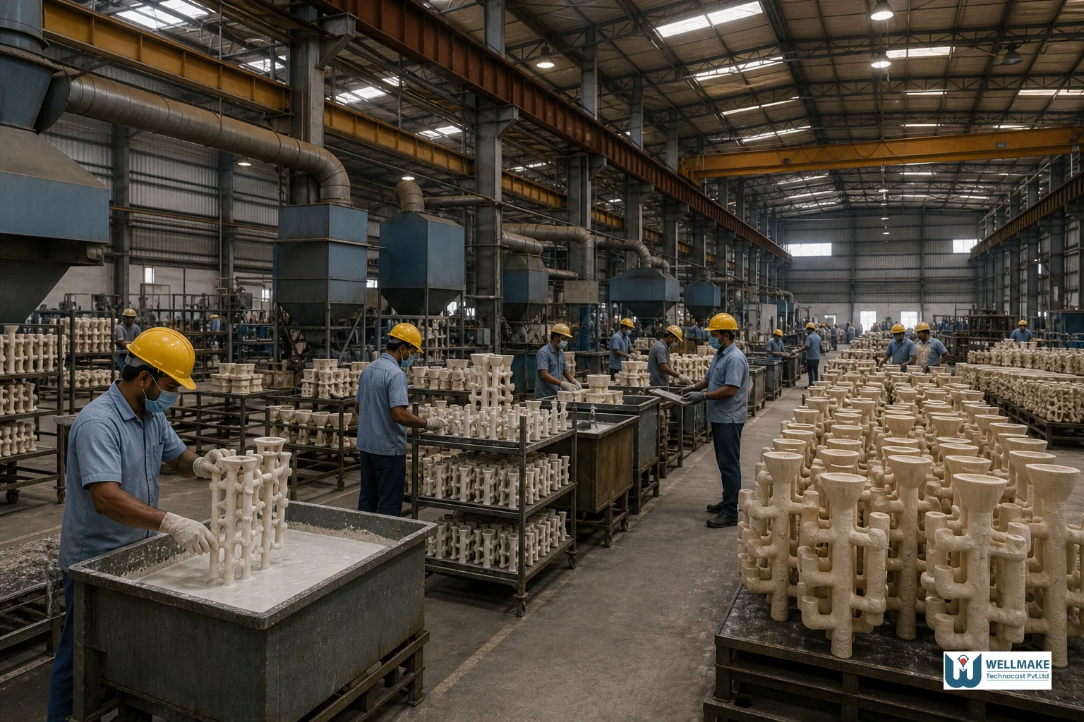 Image depicting a large-scale, high-capacity investment casting foundry floor in India with organized production lines. Photorealistic photo of a large modern investment casting foundry production floor in India, rows of ceramic shell molds
