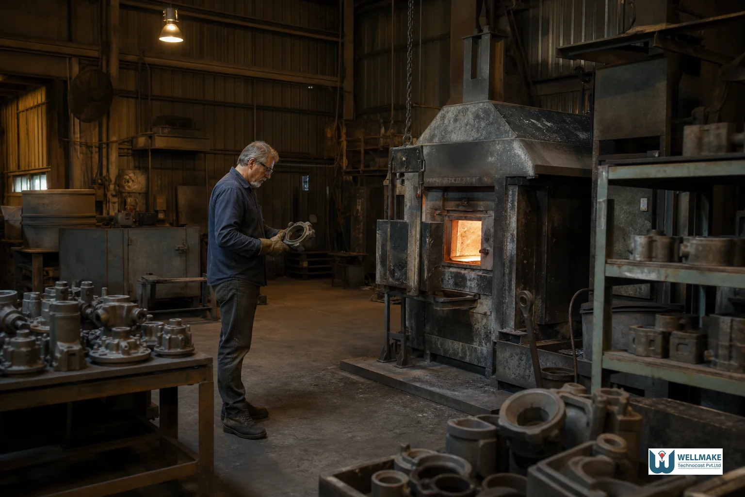 Photorealistic photo of a modest-sized metal foundry workshop interior in Australia with older casting equipment, a lone technician inspecting a metal part near a furnace, dim industrial lighting with warm amber tones mixed with cool