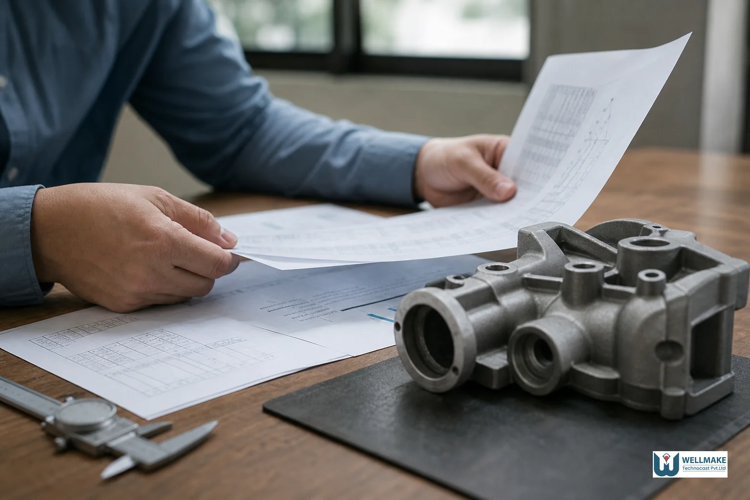 Close-up of ISO certification documents being reviewed alongside a metal casting sample. Photorealistic close-up photo of hands reviewing printed quality certification documents on a desk next to a precision metal investment casting