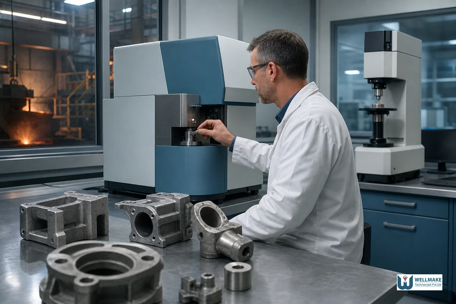 Foundry quality control lab with spectrometer and hardness testing equipment in use. Photorealistic photo of an industrial metallurgical testing laboratory inside a casting foundry, technician in a lab coat operating a spectrometer analysis