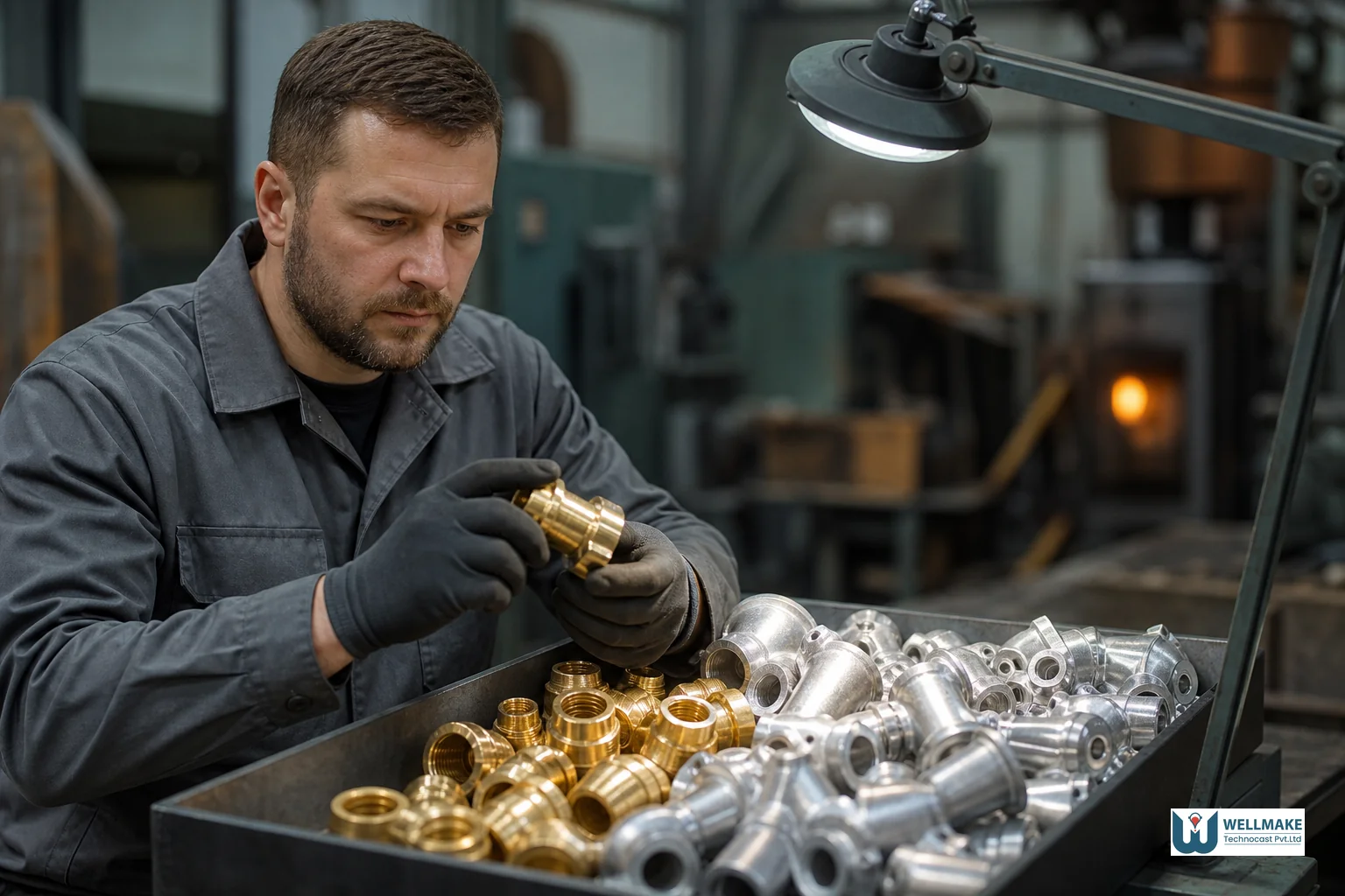 Foundry technician inspecting cast brass and aluminium investment casting components
