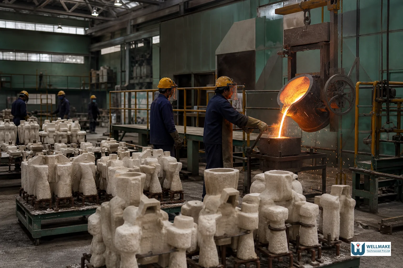 Wide view of an investment casting foundry floor in India with ceramic shell molds and casting equipment