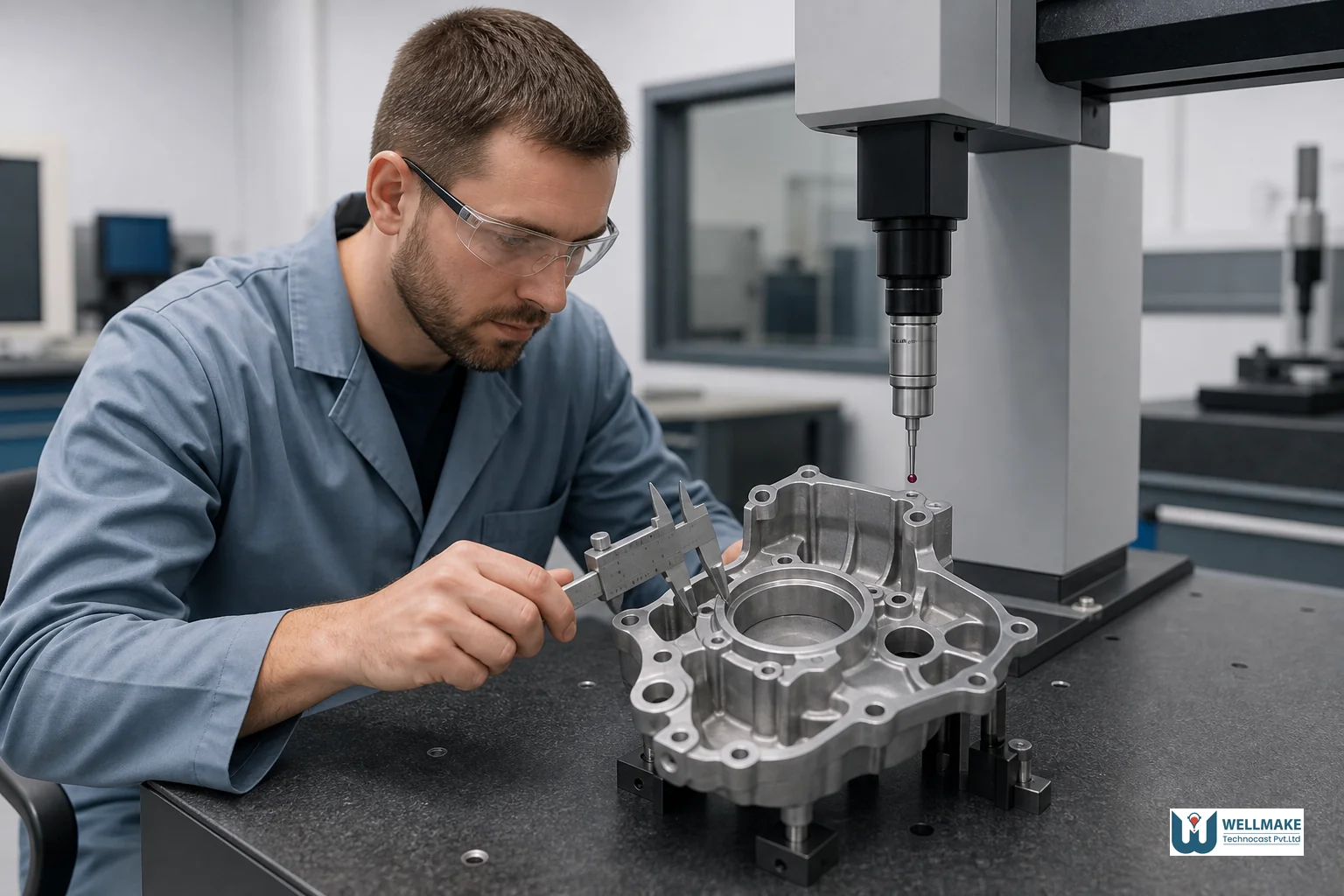 Quality control technician inspecting a precision-machined metal casting with measuring instruments in a lab