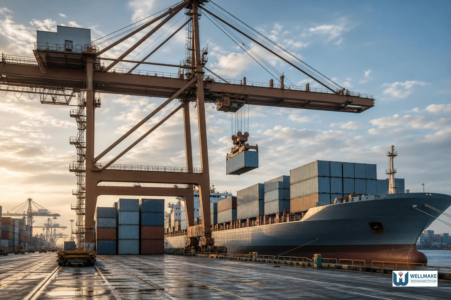 Shipping containers being loaded onto a cargo vessel at a port, representing India to UK export logistics