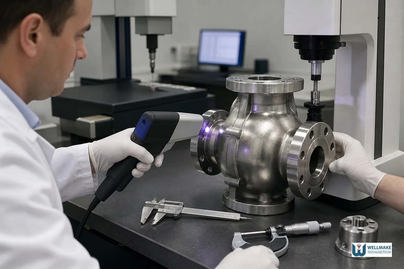 Quality control technician testing a stainless steel cast valve component with a spectrometer and hardness tester