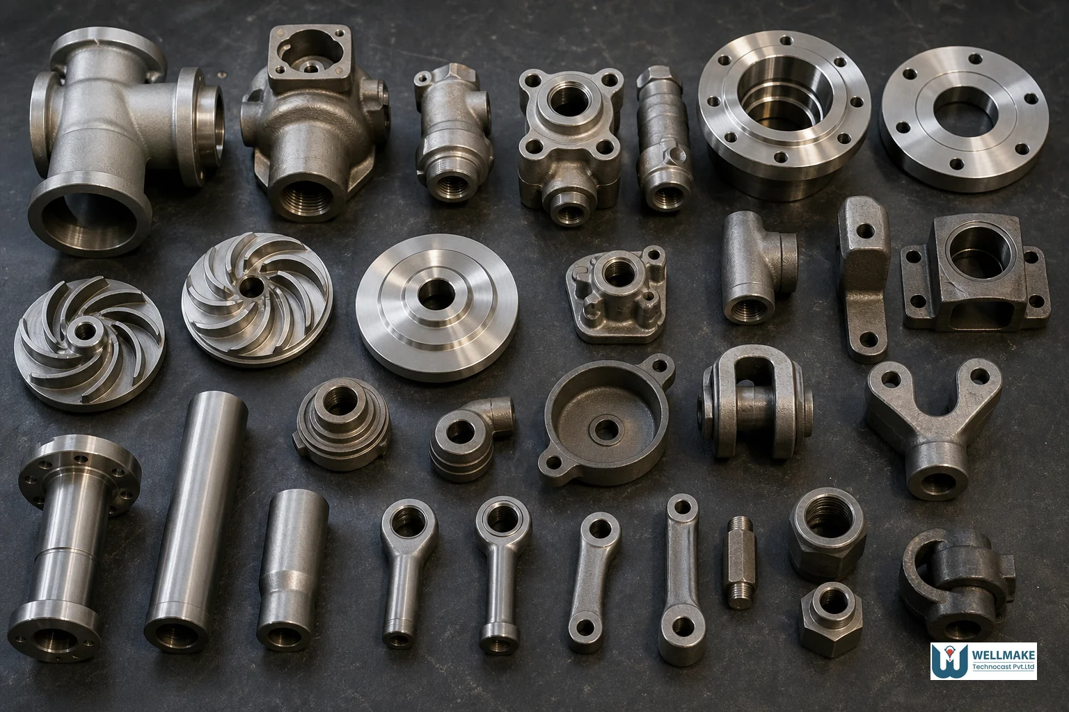 Assortment of precision investment cast stainless steel and alloy metal components for pump and valve applications
