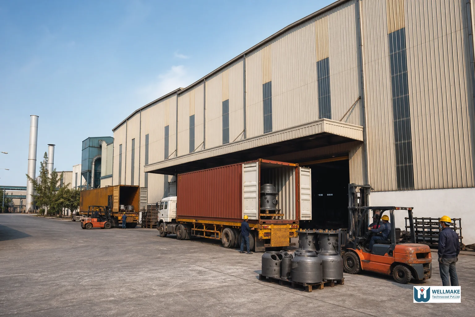 Industrial foundry facility in Gujarat, India with shipping containers loaded for export to European industrial buyers
