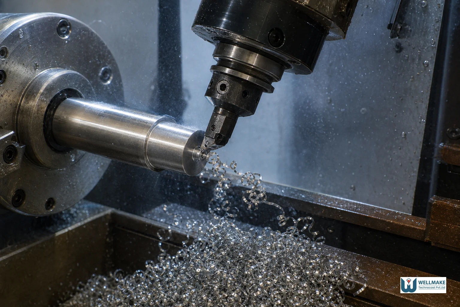 Close-up of a CNC machine cutting a steel billet with metal chips falling into a collection tray