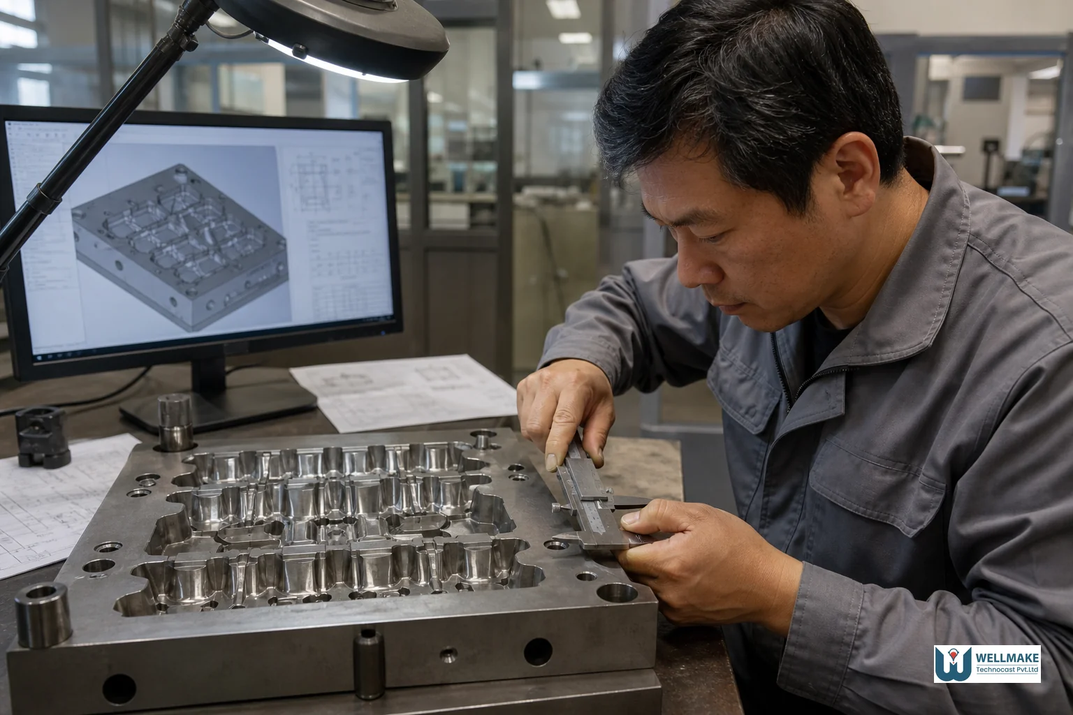 Engineer inspecting a multi-cavity wax pattern die alongside CAD drawings, representing design and engineering cost drivers. photorealistic photograph of an industrial engineer in a grey uniform examining a multi-cavity metal wax injection