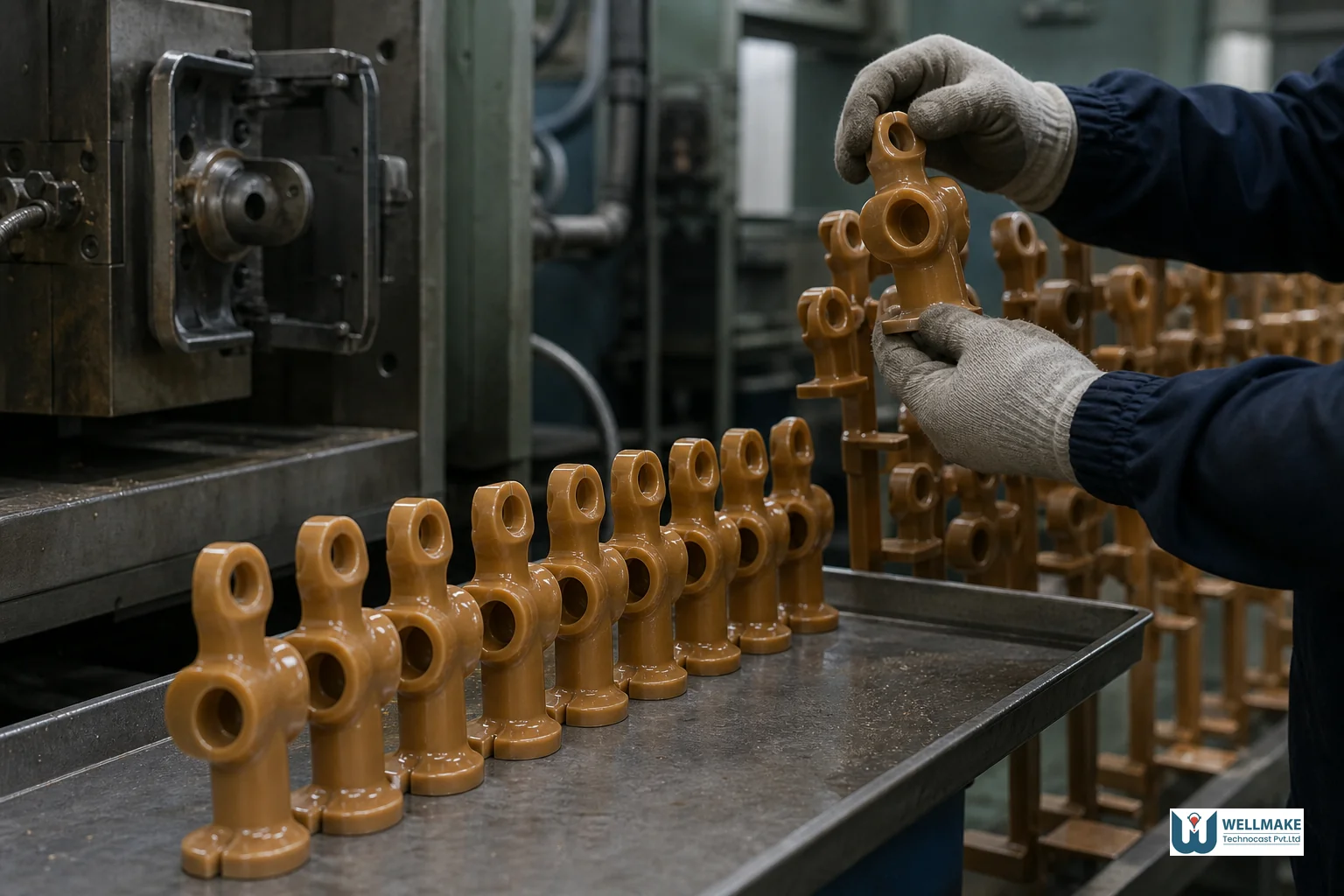 Wax patterns being produced in sequence from a die, illustrating repeat production runs and tooling reuse over volume. photorealistic photograph showing a row of identical investment casting wax patterns freshly ejected from an injection