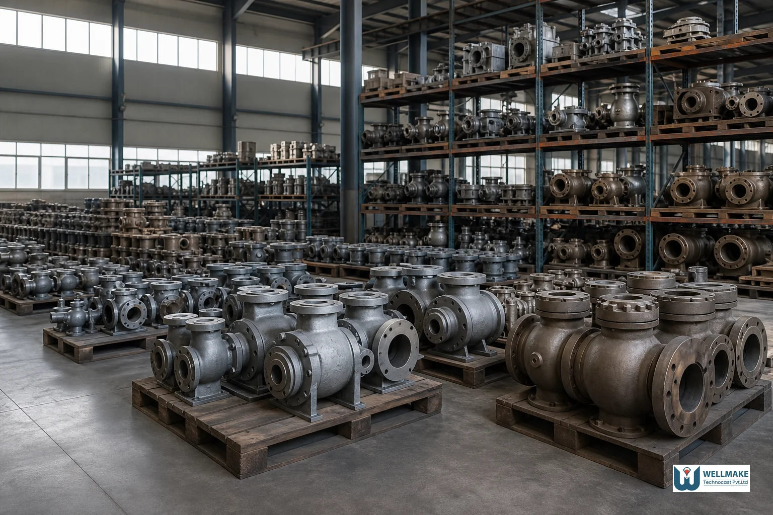 Wide shot of a foundry floor with finished metal cast components of varying sizes for pump, valve, and industrial sectors, symbolizing production scale decisions. photorealistic wide-angle photograph of a clean industrial foundry warehouse