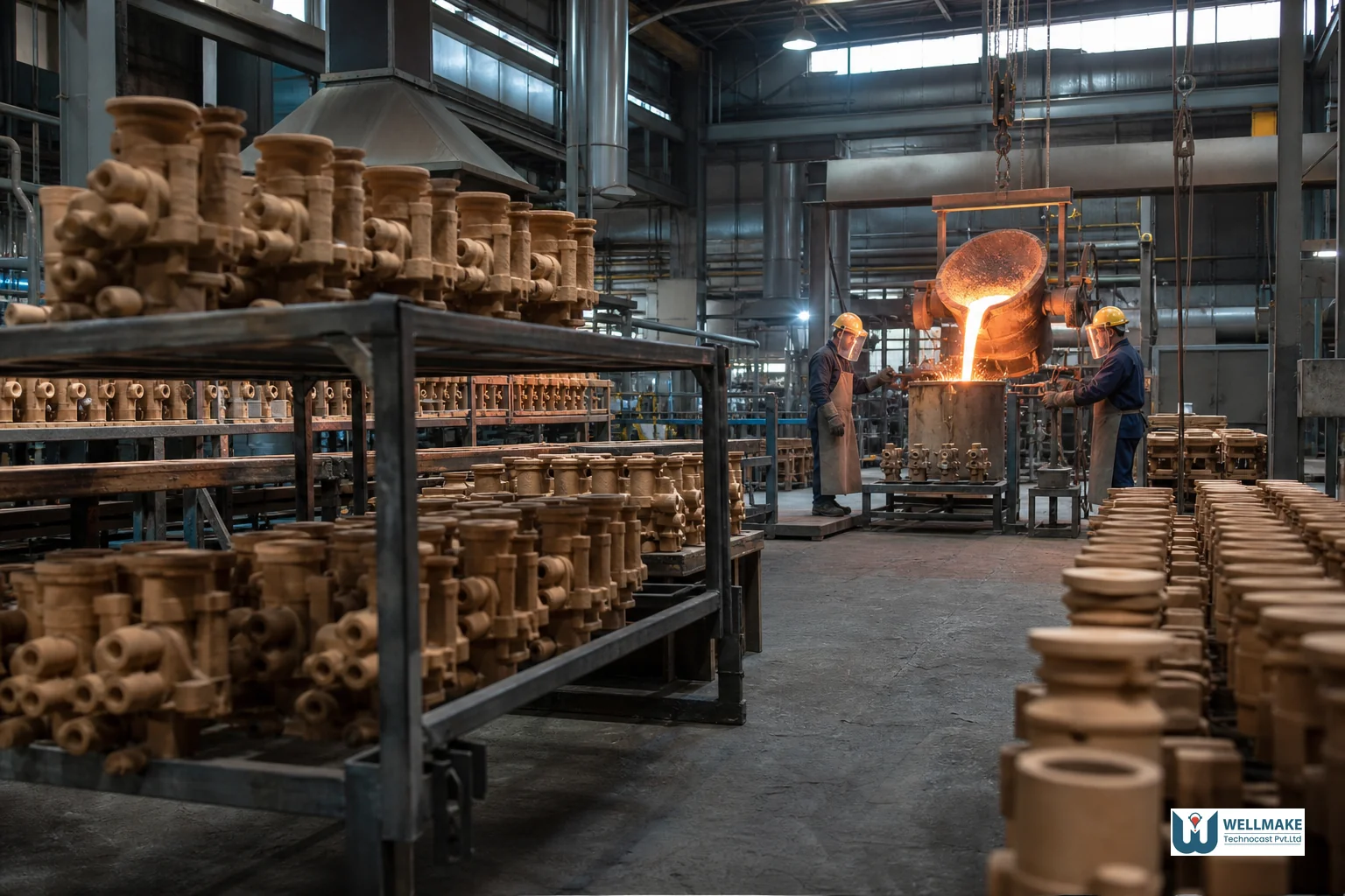 Photorealistic image of a modern investment casting foundry floor in India with ceramic shell molds and pouring operations. Photorealistic photograph of an active investment casting foundry floor showing rows of ceramic shell molds on racks