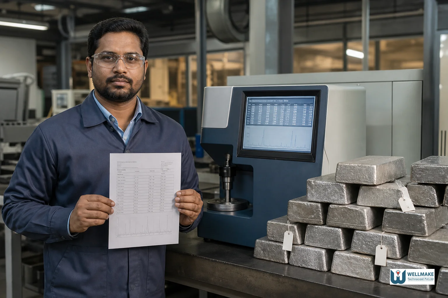 Photorealistic image of a foundry worker reviewing material test certificates and spectrometer readouts next to metal ingots. Photorealistic photograph of an engineer in a foundry laboratory holding a printed material test certificate while