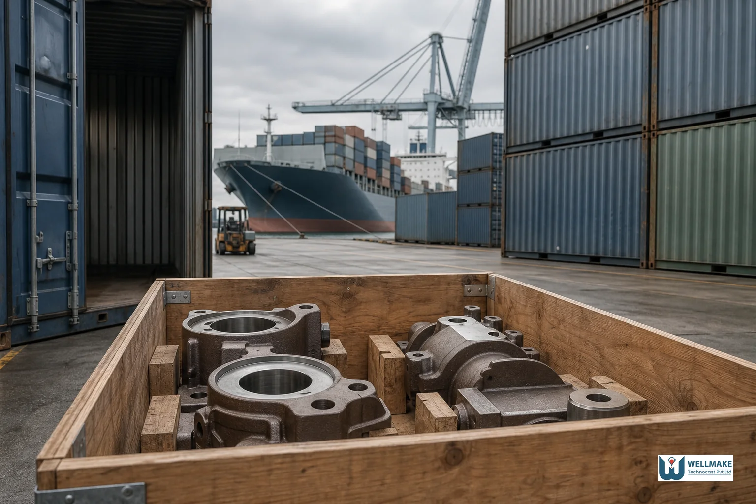 Photorealistic image showing a global supply chain visual metaphor: a cargo ship or shipping containers with cast metal parts, connecting an overseas foundry to European industry. Photorealistic wide-angle photograph of stacked metal