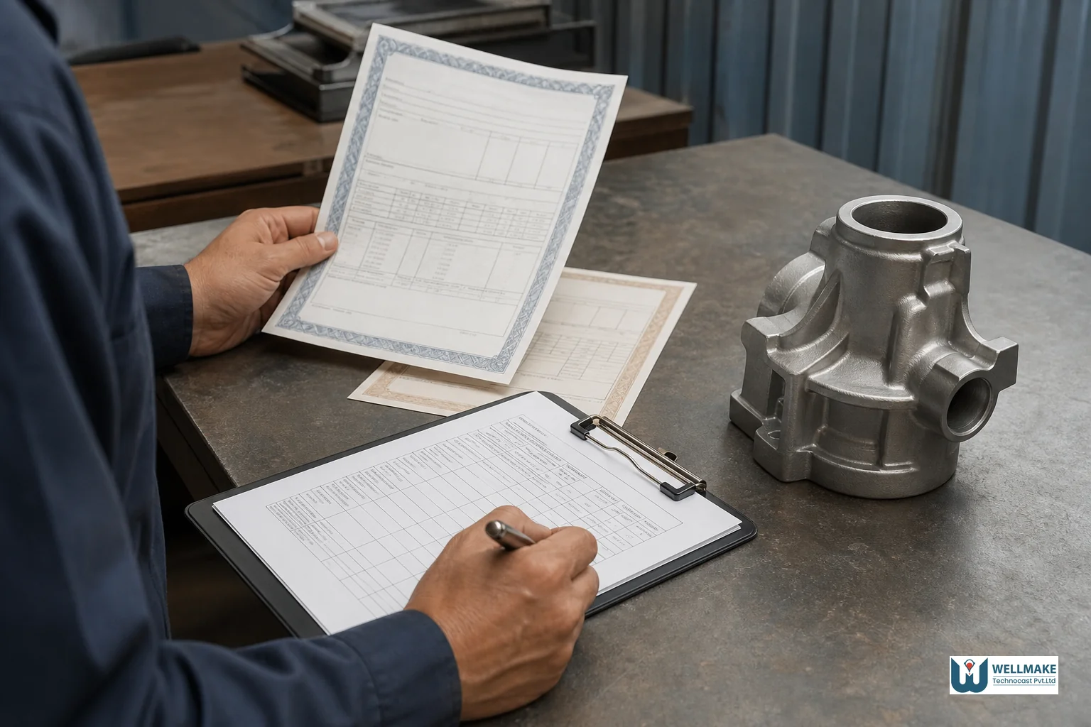 Close-up of ISO certification documents and a foundry quality stamp being reviewed by a quality auditor. Photorealistic close-up photo of a quality auditor's hands reviewing official-looking certification documents and a quality control
