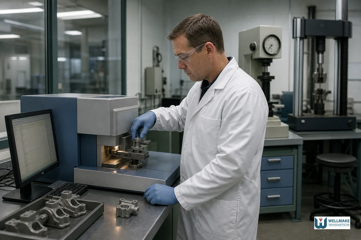 A foundry quality lab technician operating a spectrometer and hardness tester on metal casting samples. Photorealistic photo of a foundry quality control lab technician in safety glasses and a lab coat operating a metal spectrometer