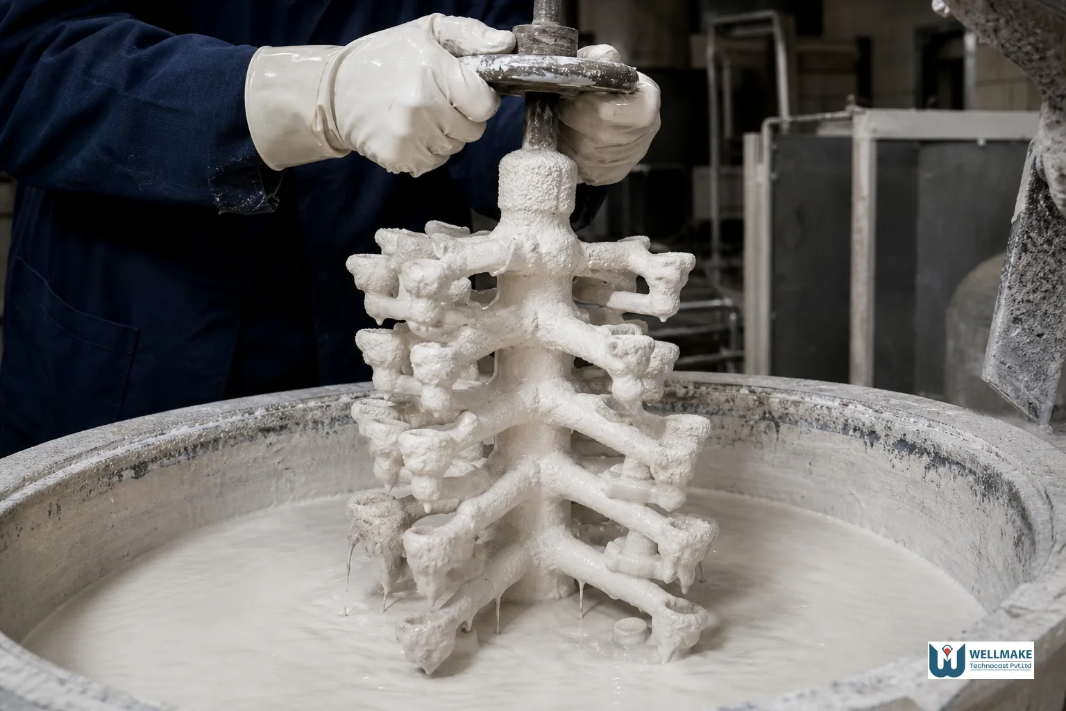 Wax pattern tree being dipped into ceramic slurry during the investment casting shell-building step