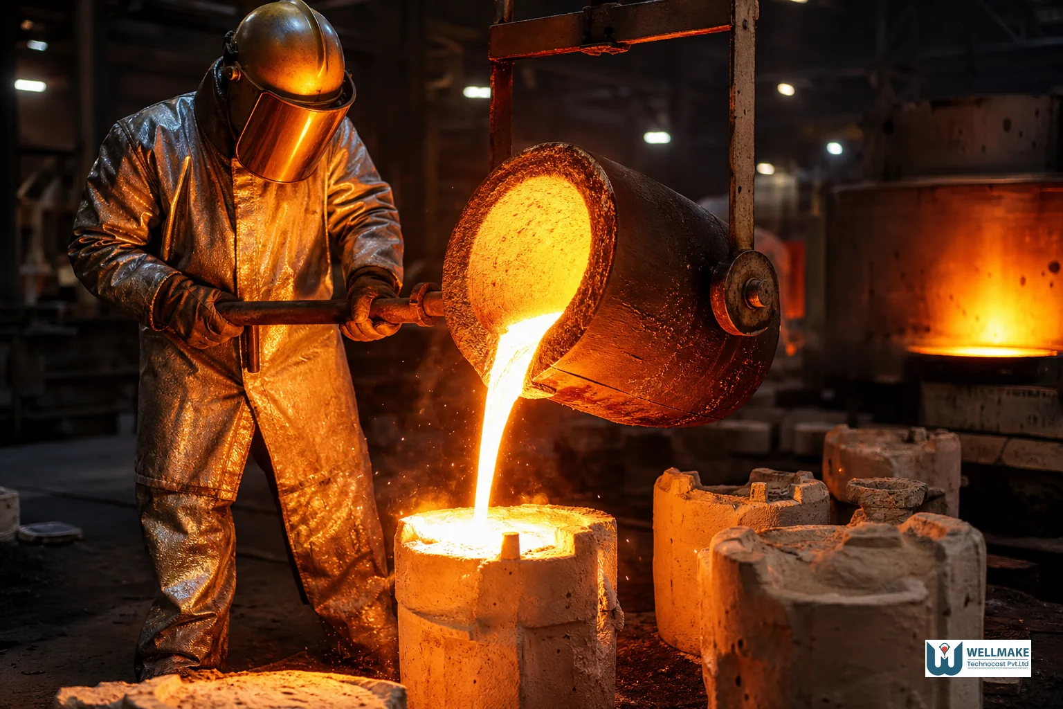 Foundry worker pouring molten metal into a preheated ceramic shell mold during investment casting