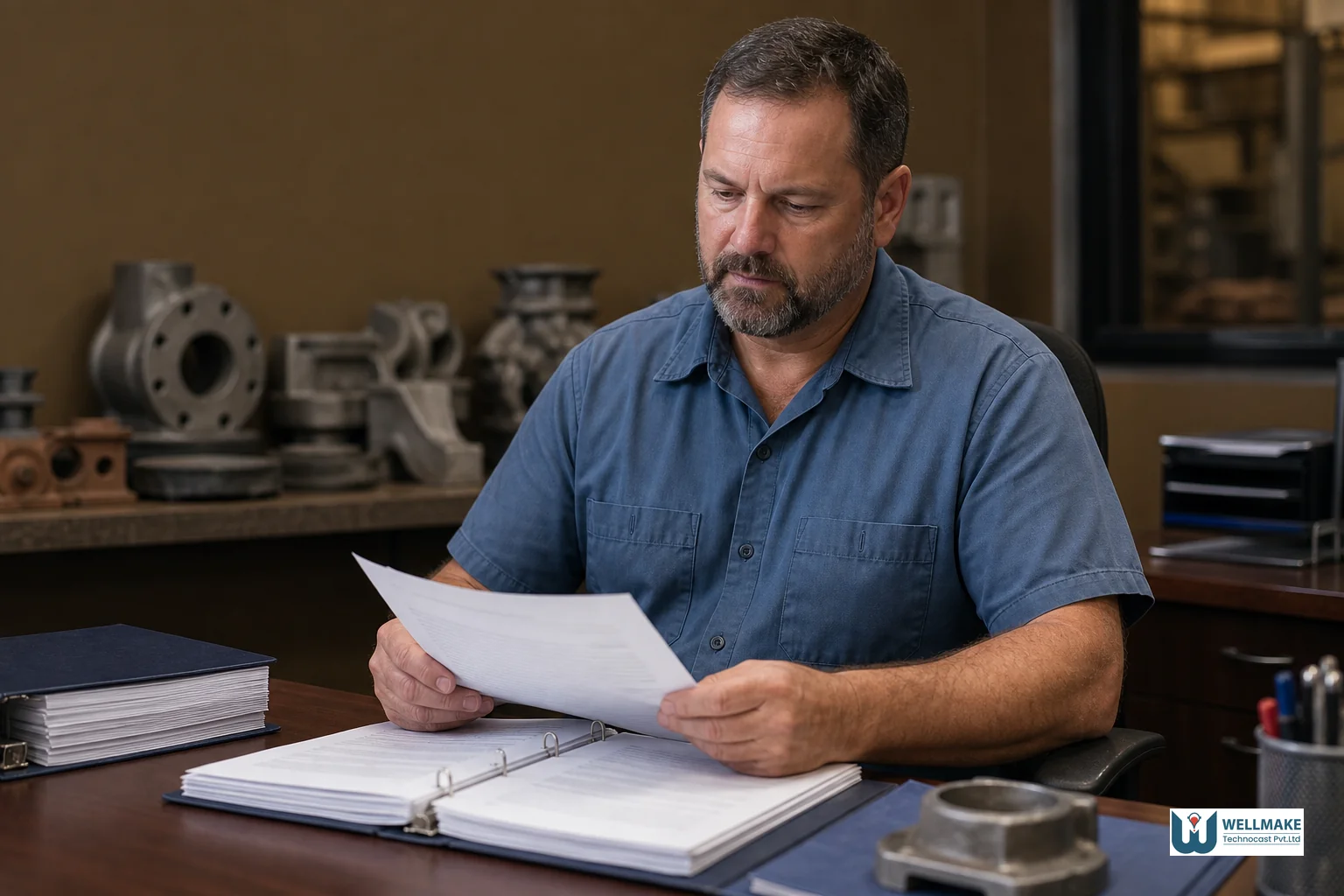 Quality manager reviewing ISO certification and audit documents in a foundry office