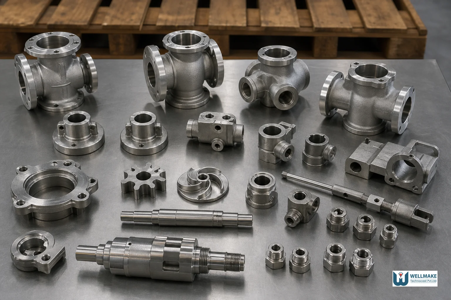 Precision machined metal cast components arranged and ready for export packaging